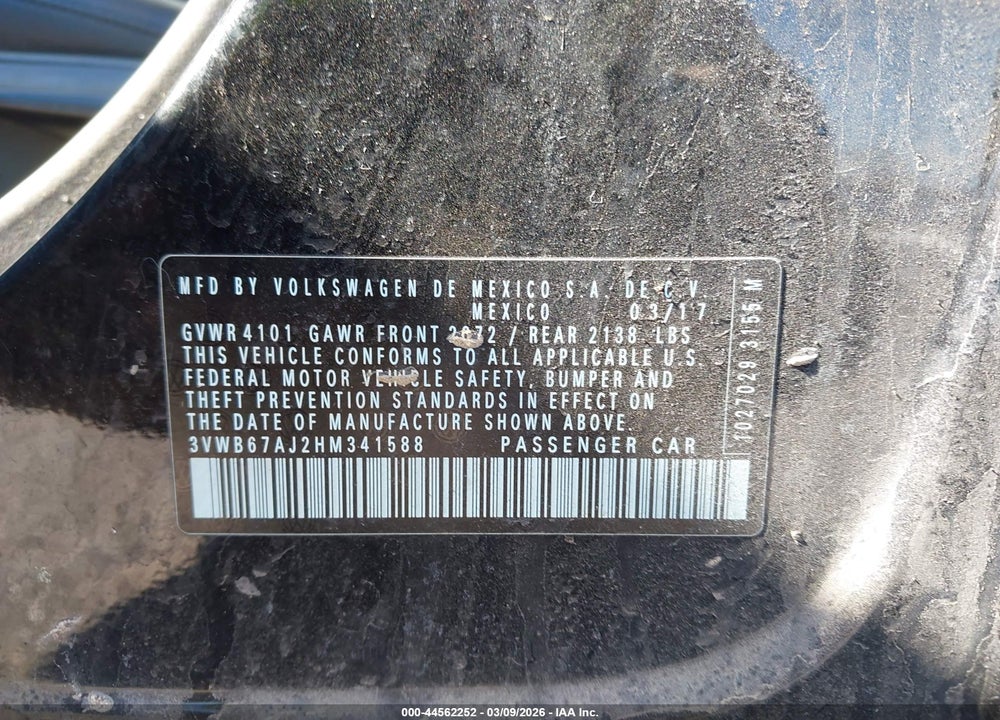 2017 VOLKSWAGEN JETTA 1.4T SE VIN: 3VWB67AJ2HM341588
