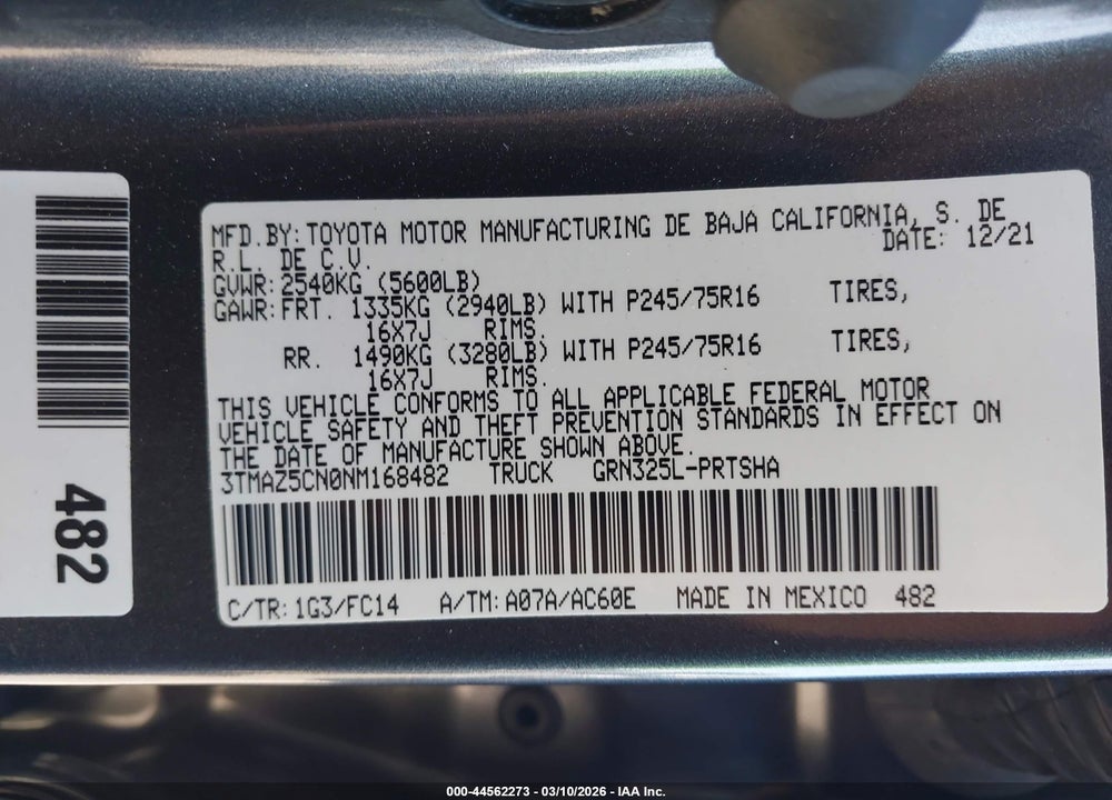 2022 TOYOTA TACOMA SR5 V6 VIN: 3TMAZ5CN0NM168482