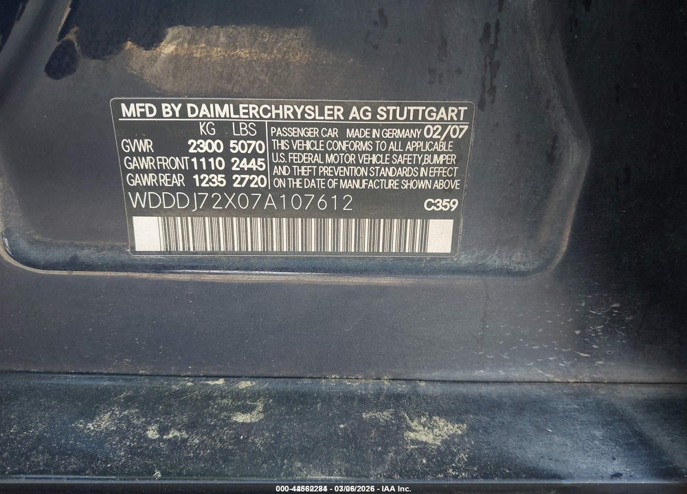2007 MERCEDES-BENZ CLS 550 VIN: WDDDJ72X07A107612