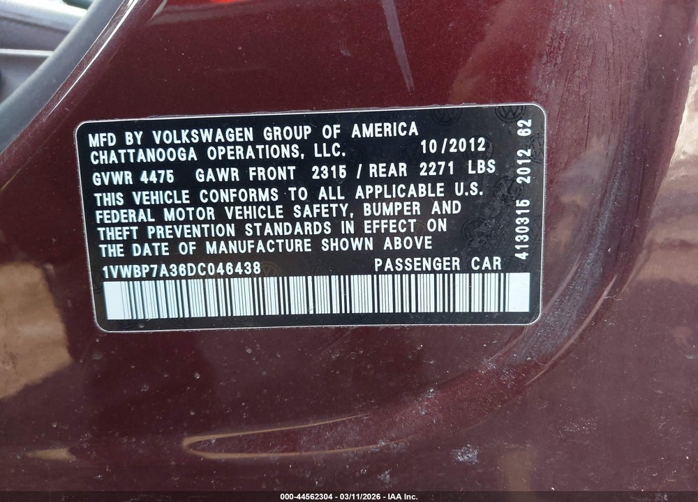 2013 VOLKSWAGEN PASSAT 2.5L SE VIN: 1VWBP7A36DC046438