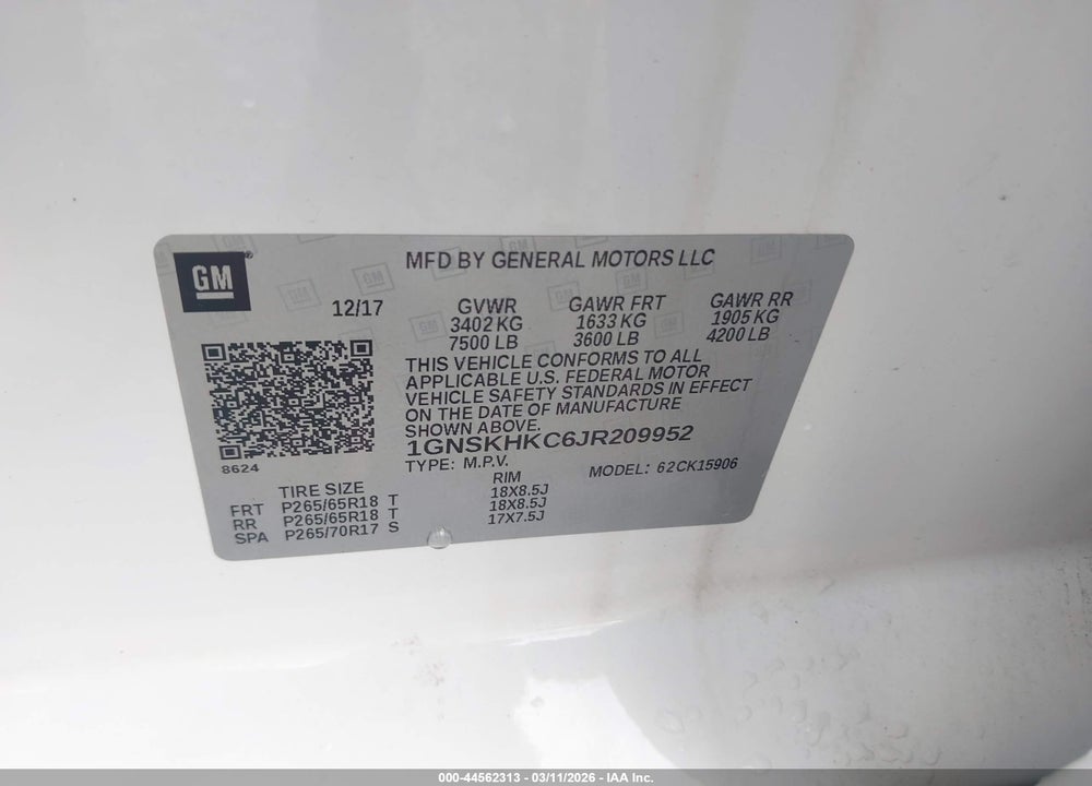 2018 CHEVROLET SUBURBAN LT VIN: 1GNSKHKC6JR209952