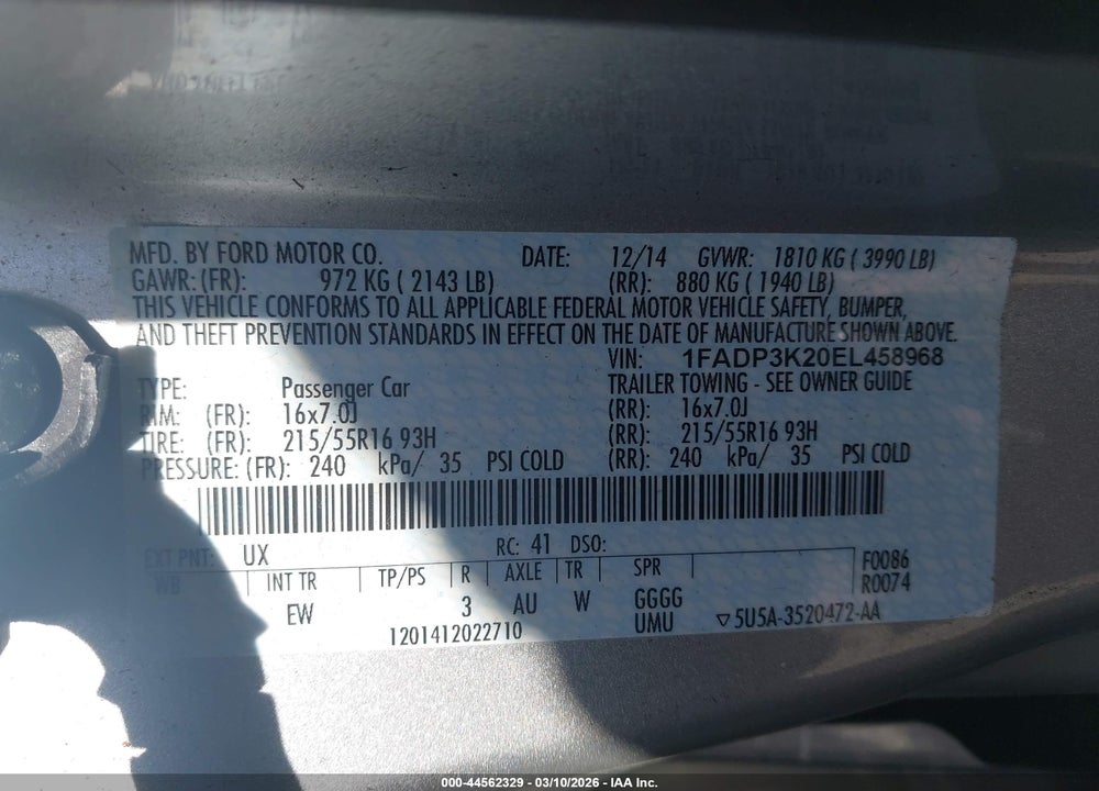 2014 FORD FOCUS SE VIN: 1FADP3K20EL458968