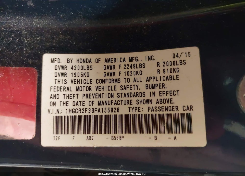 2015 HONDA ACCORD LX VIN: 1HGCR2F39FA155926