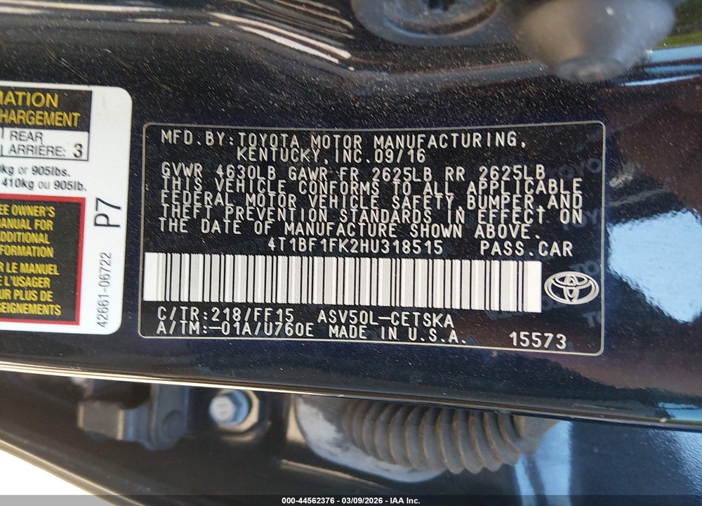2017 TOYOTA CAMRY SE VIN: 4T1BF1FK2HU318515