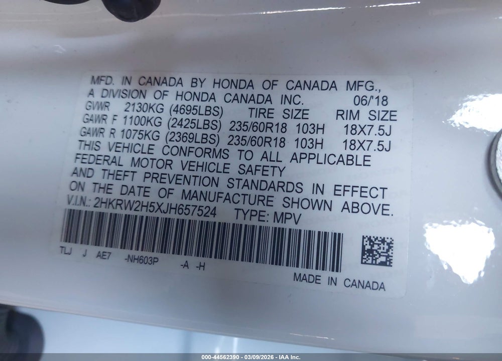 2018 HONDA CR-V EX VIN: 2HKRW2H5XJH657524