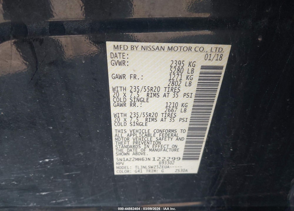 2018 NISSAN MURANO PLATINUM VIN: 5N1AZ2MH6JN122299