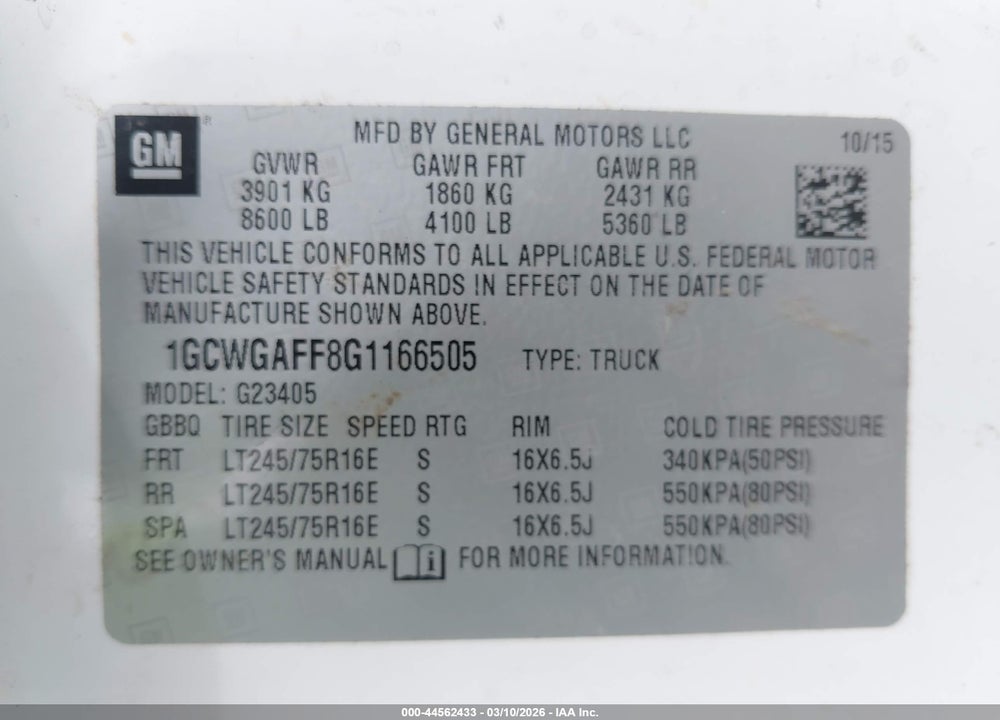 2016 CHEVROLET EXPRESS 2500 WORK VAN VIN: 1GCWGAFF8G1166505