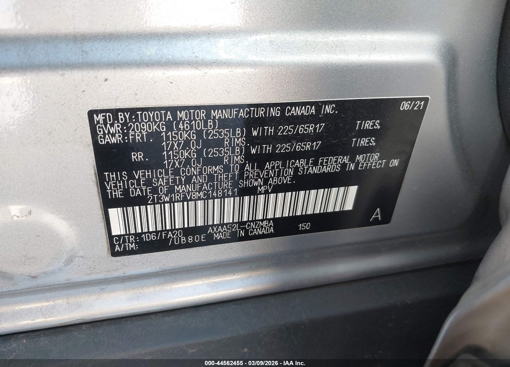 2021 TOYOTA RAV4 XLE VIN: 2T3W1RFV8MC148141