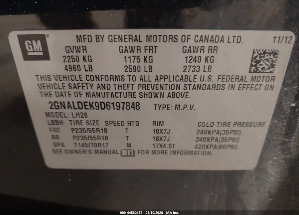 2013 CHEVROLET EQUINOX 1LT VIN: 2GNALDEK9D6197848