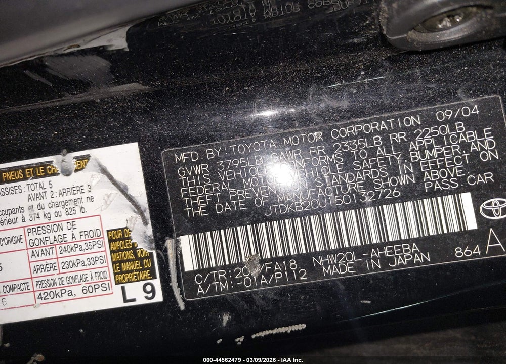 2005 TOYOTA PRIUS VIN: JTDKB20U150132726