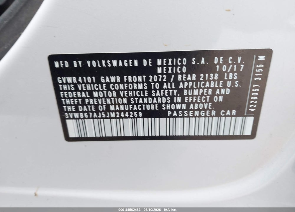 2018 VOLKSWAGEN JETTA 1.4T SE/1.4T WOLFSBURG EDITION VIN: 3VWB67AJ5JM244259