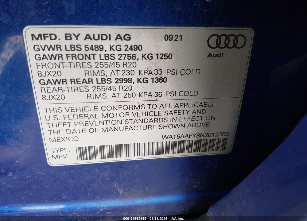 2022 AUDI Q5 SPORTBACK PREMIUM PLUS 45 TFSI S LINE QUATTRO S TRONIC VIN: WA15AAFY8N2012358