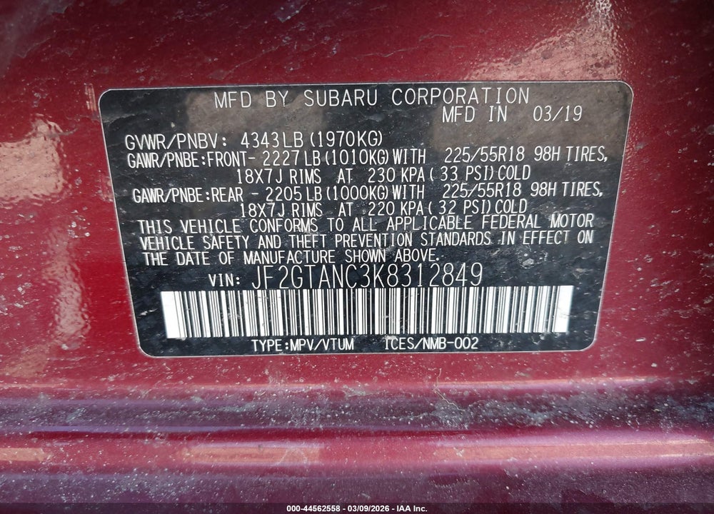 2019 SUBARU CROSSTREK 2.0I LIMITED VIN: JF2GTANC3K8312849