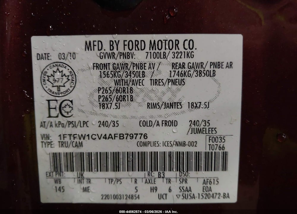2010 FORD F-150 FX2 SPORT/HARLEY-DAVIDSON/KING RANCH/LARIAT/PLATINUM/XL/XLT VIN: 1FTFW1CV4AFB79776