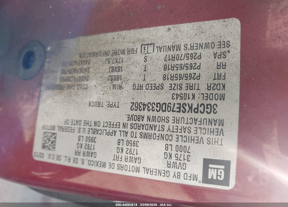 2013 CHEVROLET SILVERADO 1500 LT VIN: 3GCPKSE79DG334362
