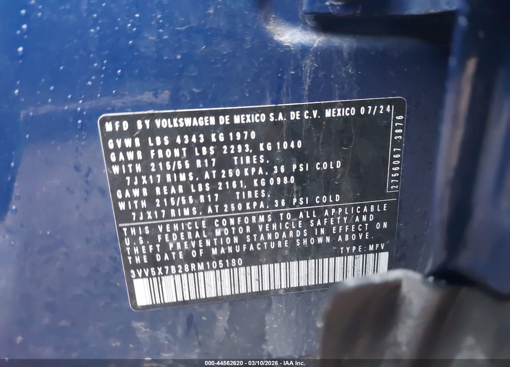 2024 VOLKSWAGEN TAOS 1.5T S VIN: 3VV5X7B28RM105180