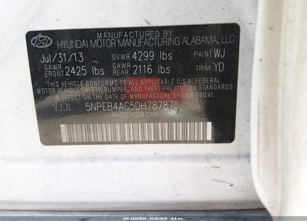 2013 HYUNDAI SONATA GLS VIN: 5NPEB4AC5DH787875