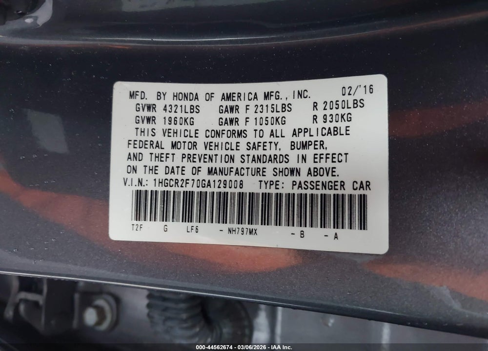 2016 HONDA ACCORD EX VIN: 1HGCR2F70GA129008