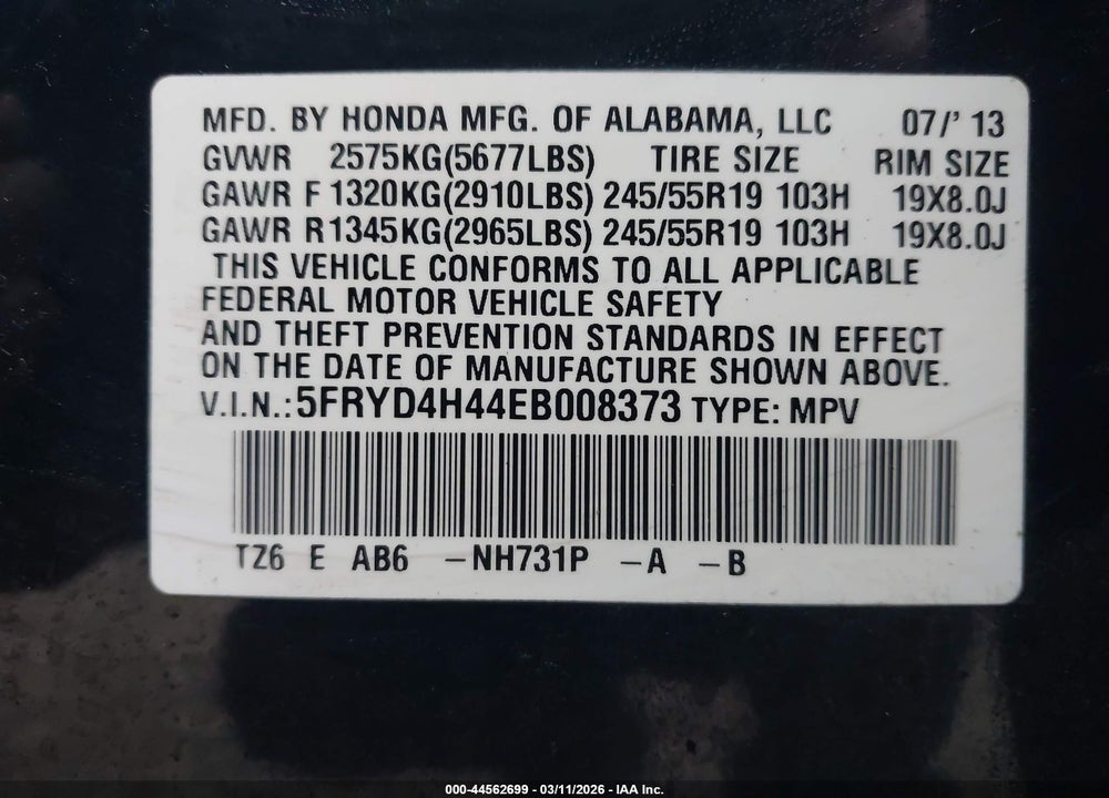 2014 ACURA MDX TECHNOLOGY PACKAGE VIN: 5FRYD4H44EB008373