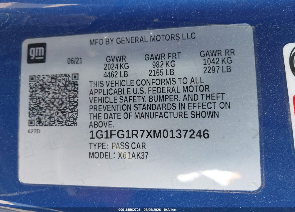 2021 CHEVROLET CAMARO RWD  2SS VIN: 1G1FG1R7XM0137246