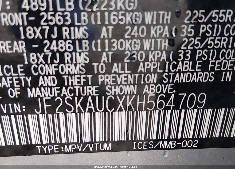 2019 SUBARU FORESTER LIMITED VIN: JF2SKAUCXKH564709