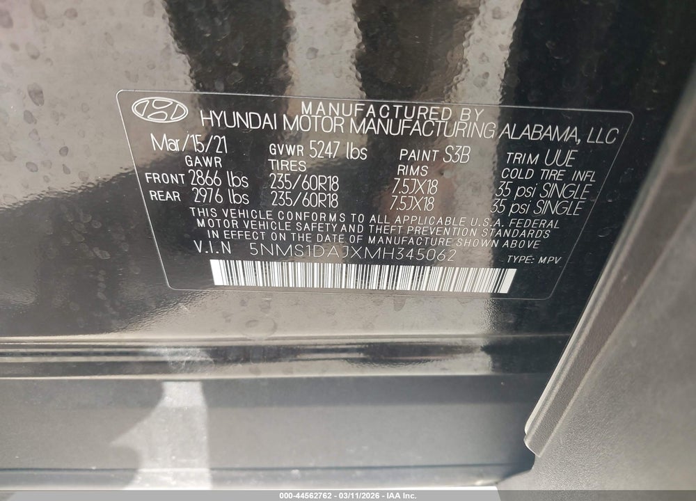 2021 HYUNDAI SANTA FE SE VIN: 5NMS1DAJXMH345062
