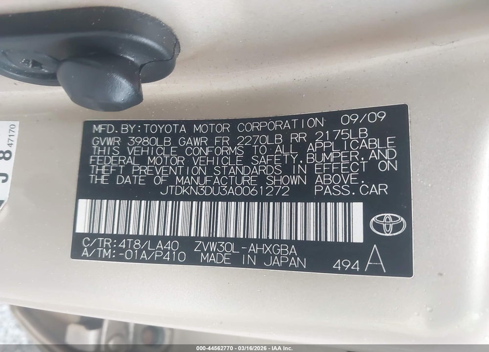 2010 TOYOTA PRIUS IV VIN: JTDKN3DU3A0061272