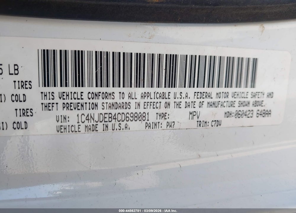 2012 JEEP COMPASS LATITUDE VIN: 1C4NJDEB4CD698081