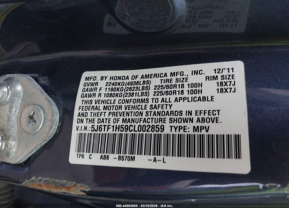 2012 HONDA CROSSTOUR EX-L VIN: 5J6TF1H59CL002859