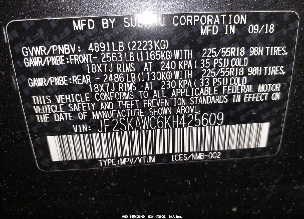 2019 SUBARU FORESTER TOURING VIN: JF2SKAWC6KH425609