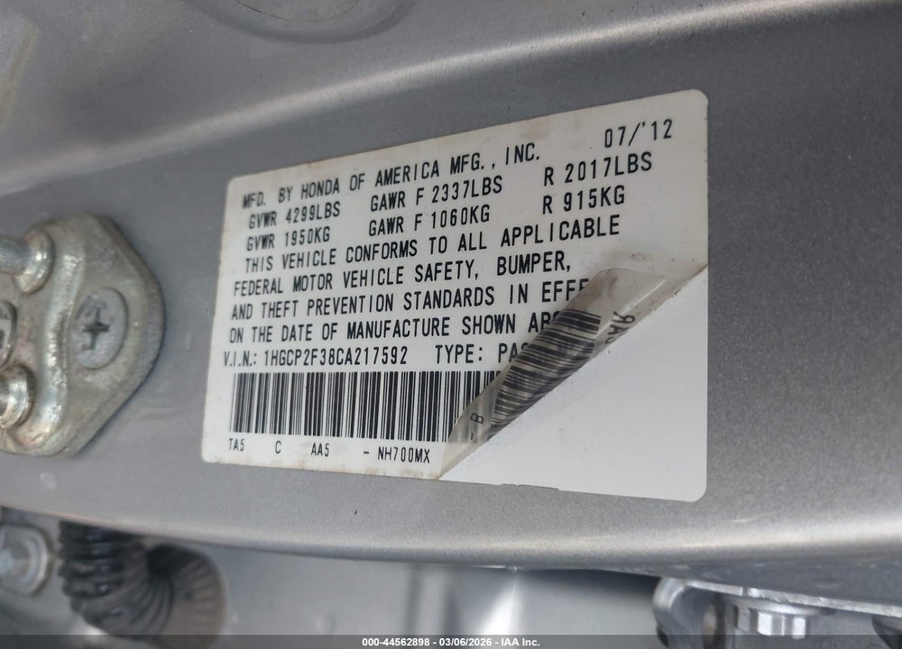 2012 HONDA ACCORD 2.4 LX VIN: 1HGCP2F38CA217592