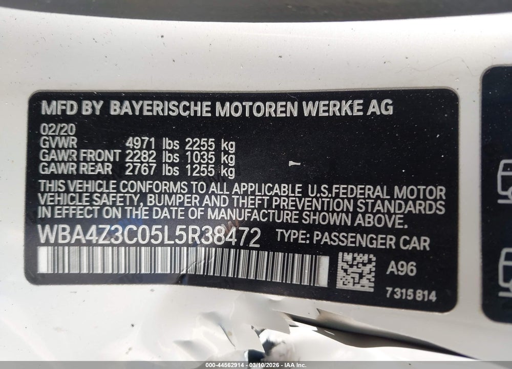2020 BMW 430I XDRIVE VIN: WBA4Z3C05L5R38472