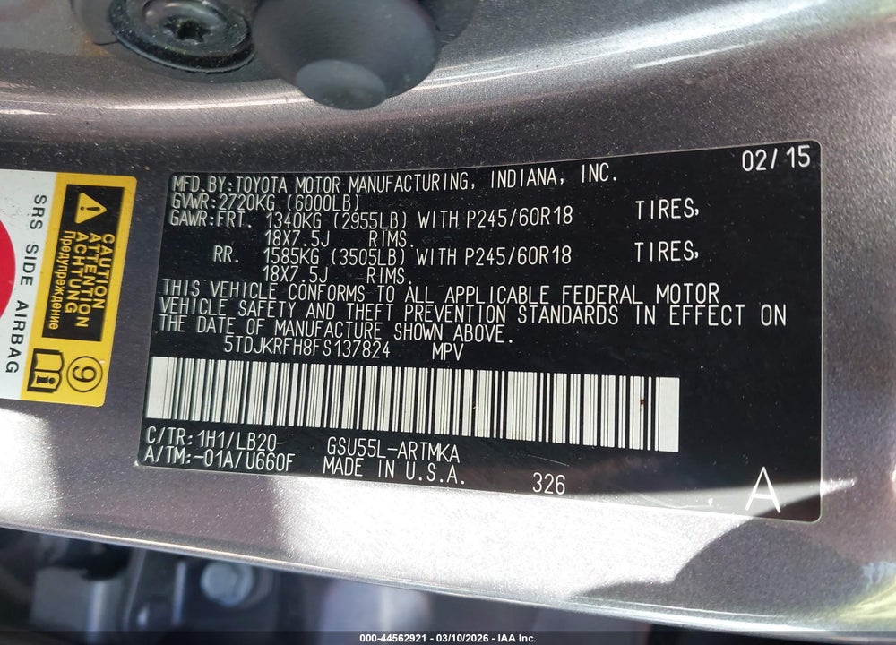 2015 TOYOTA HIGHLANDER XLE V6 VIN: 5TDJKRFH8FS137824