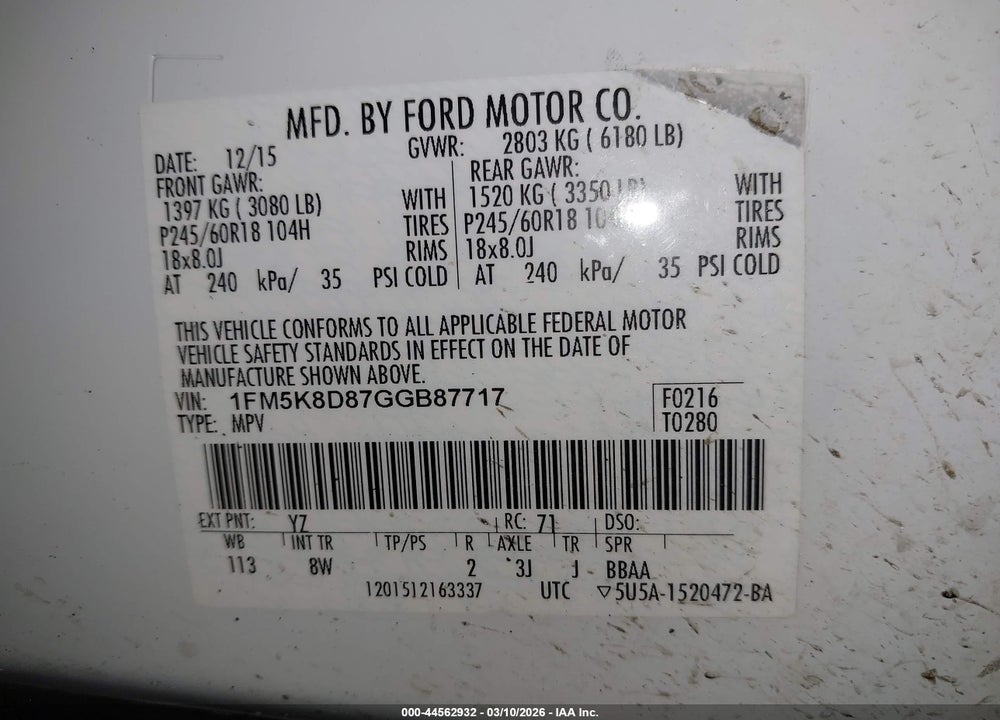 2016 FORD EXPLORER XLT VIN: 1FM5K8D87GGB87717