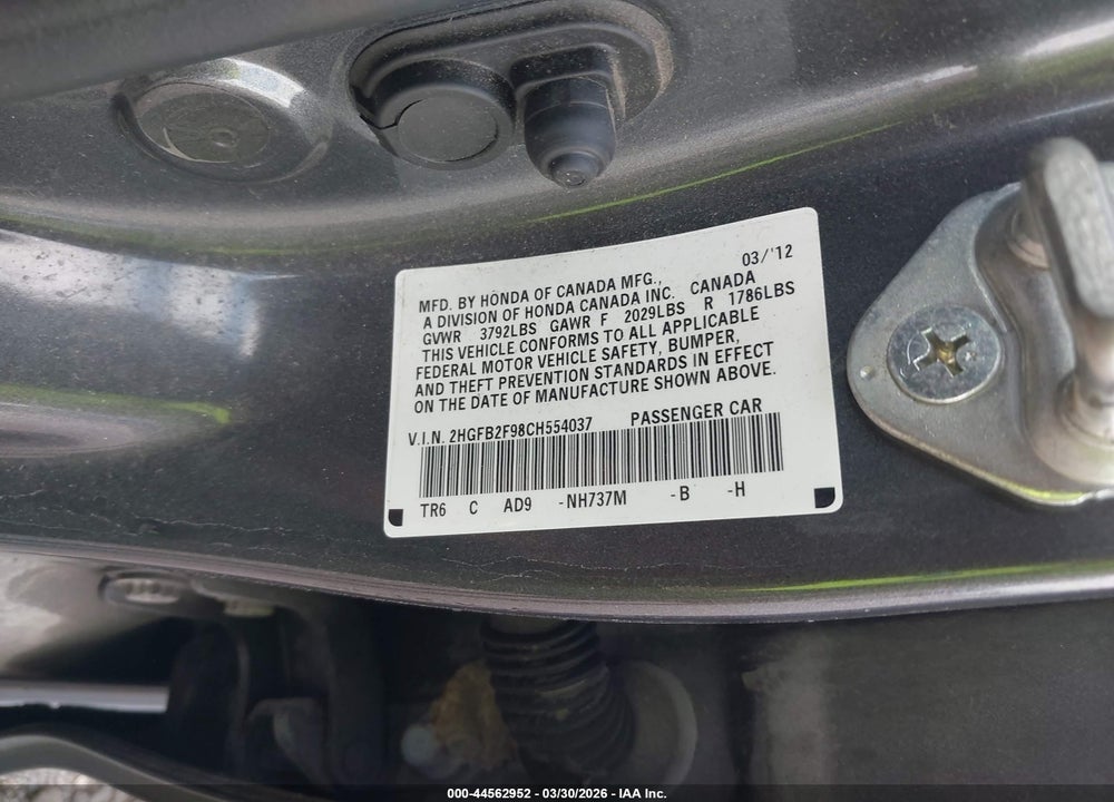 2012 HONDA CIVIC EX-L VIN: 2HGFB2F98CH554037