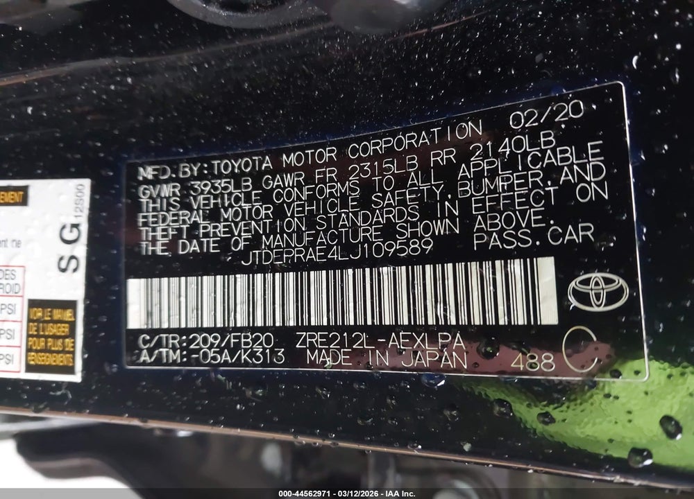 2020 TOYOTA COROLLA LE VIN: JTDEPRAE4LJ109589