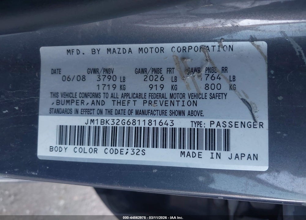 2008 MAZDA 3 I TOURING VALUE VIN: JM1BK32G681181643