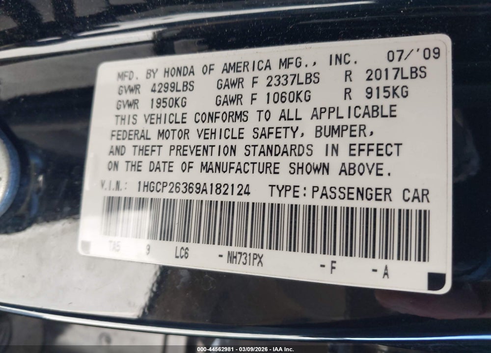 2009 HONDA ACCORD 2.4 LX VIN: 1HGCP26369A182124