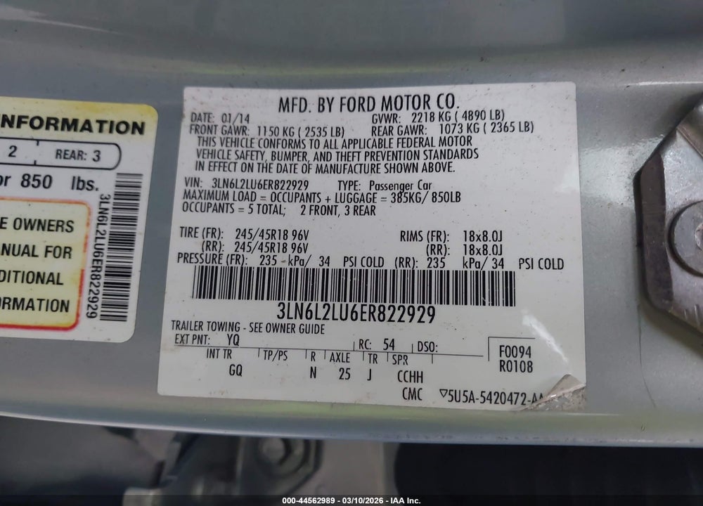 2014 LINCOLN MKZ HYBRID VIN: 3LN6L2LU6ER822929