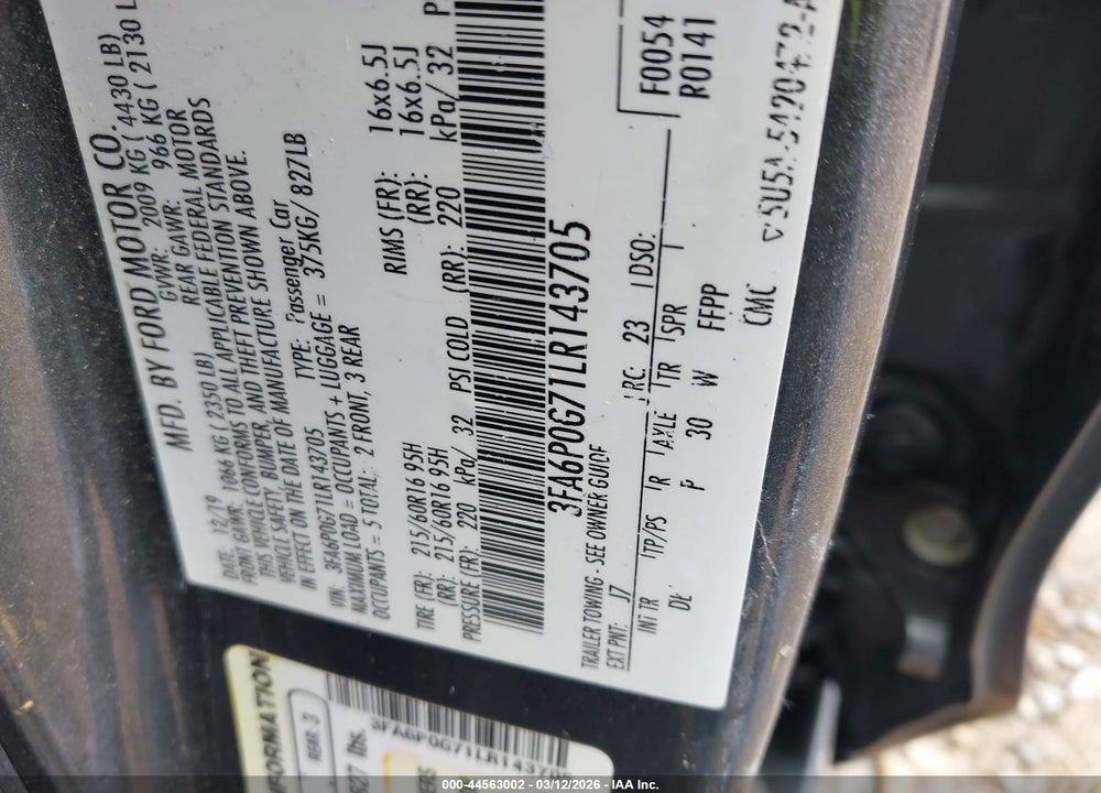 2020 FORD FUSION S VIN: 3FA6P0G71LR143705