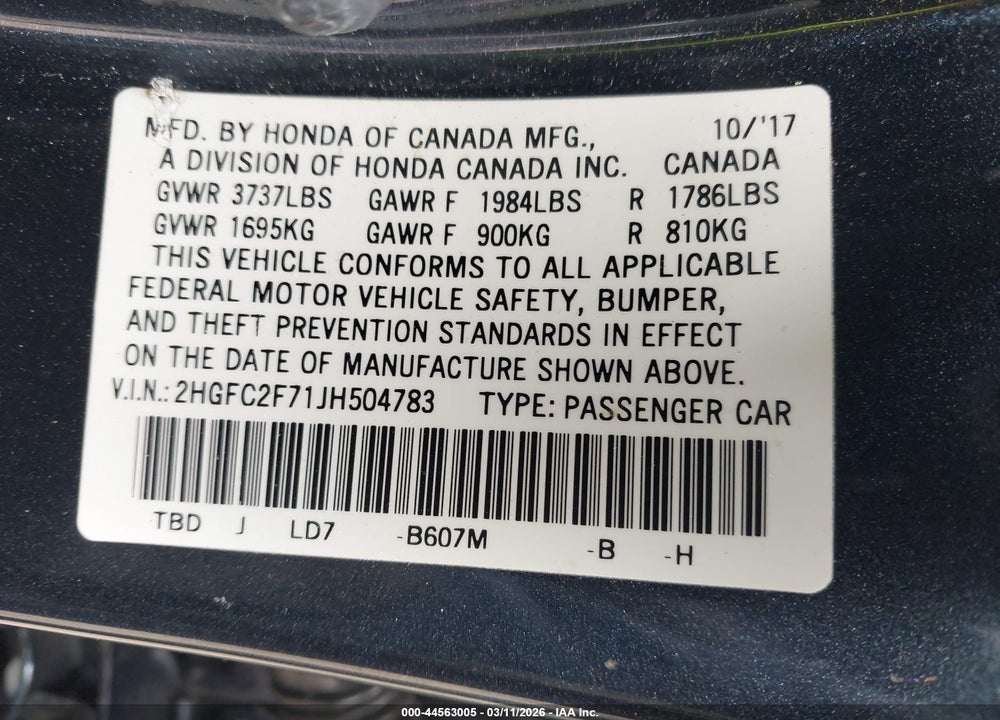 2018 HONDA CIVIC EX VIN: 2HGFC2F71JH504783