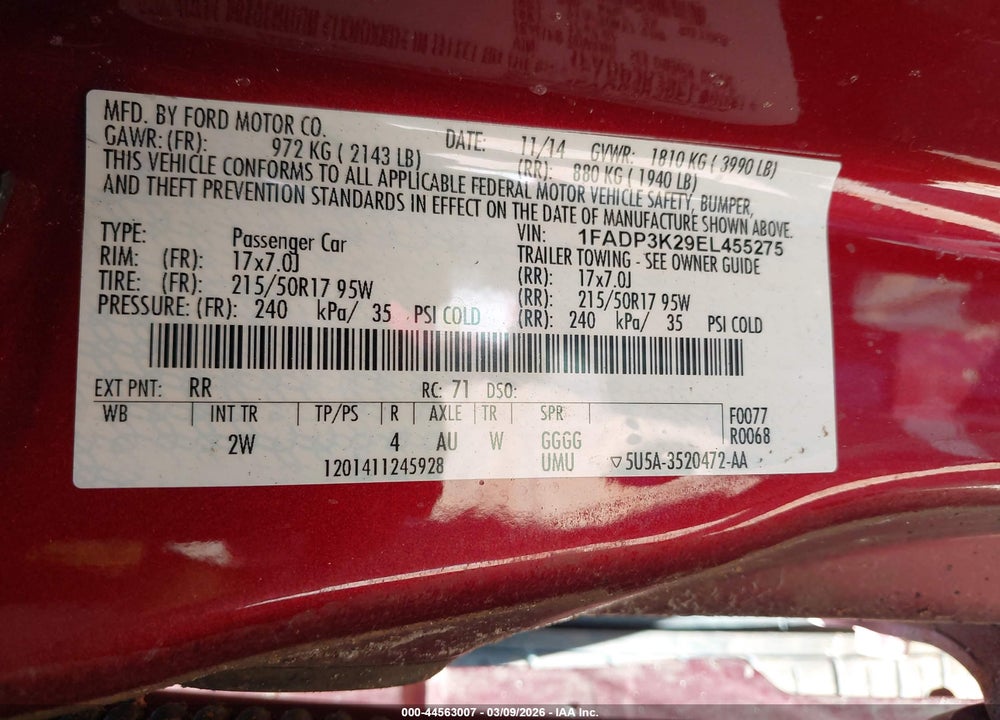 2014 FORD FOCUS SE VIN: 1FADP3K29EL455275
