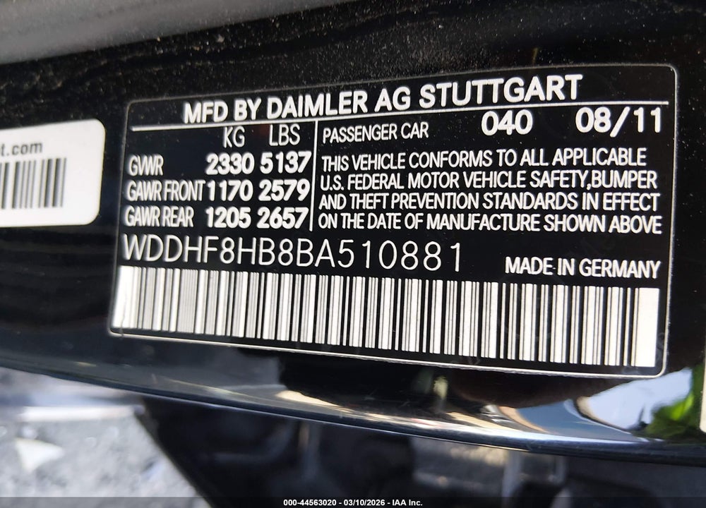 2011 MERCEDES-BENZ E 350 4MATIC VIN: WDDHF8HB8BA510881