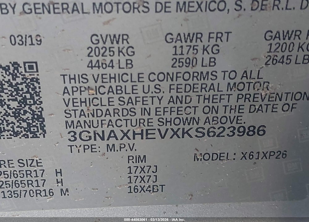 2019 CHEVROLET EQUINOX LS VIN: 3GNAXHEVXKS623986