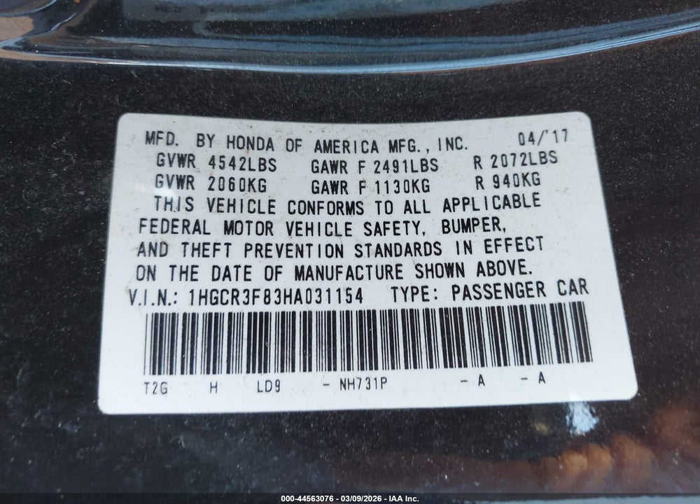 2017 HONDA ACCORD EX-L V6 VIN: 1HGCR3F83HA031154