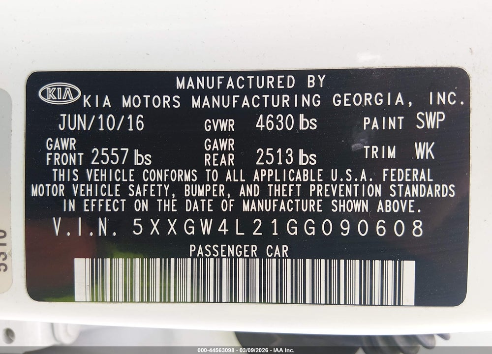 2016 KIA OPTIMA SX TURBO VIN: 5XXGW4L21GG090608