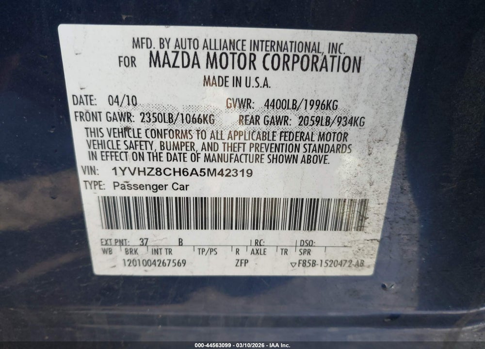 2010 MAZDA 6 I TOURING VIN: 1YVHZ8CH6A5M42319