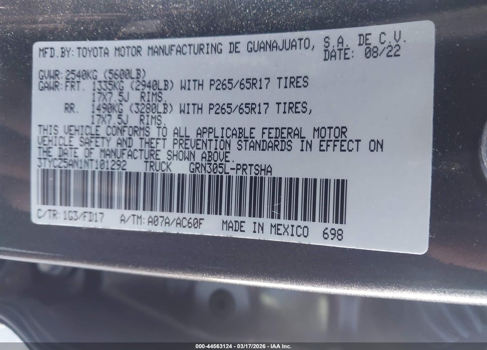 2022 TOYOTA TACOMA TRD SPORT VIN: 3TYCZ5AN1NT101292