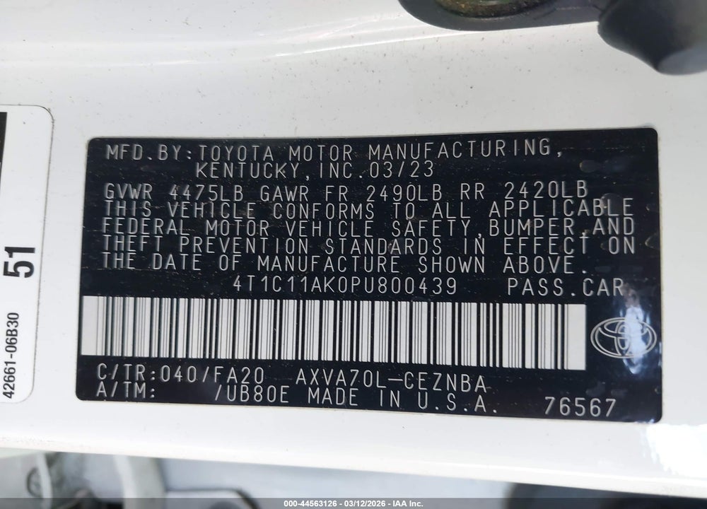2023 TOYOTA CAMRY LE VIN: 4T1C11AK0PU800439