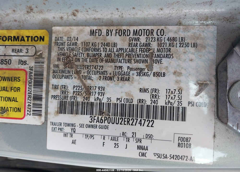 2014 FORD FUSION HYBRID S VIN: 3FA6P0UU2ER274722